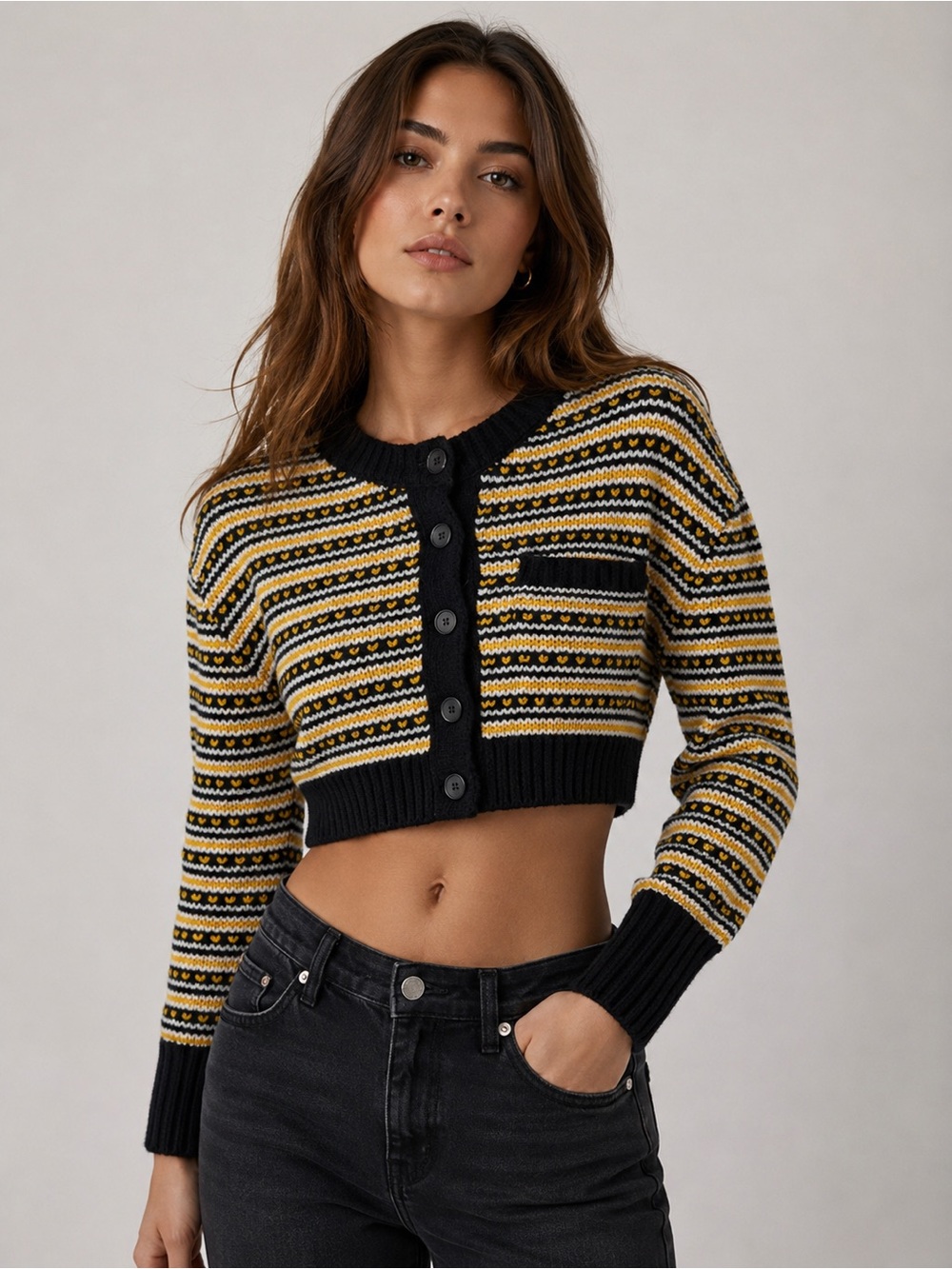 Cropped Striped Knit Cardigan - Black & Mustard